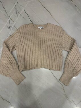 Beige Ribbed Cropped Crewneck Sweater